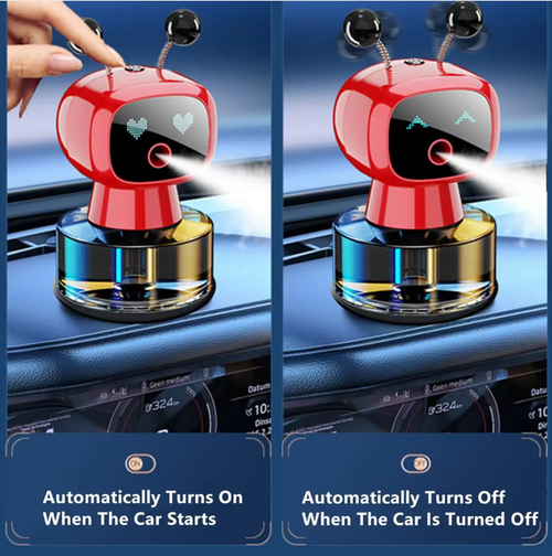 Esse robô difusor de carro fofo pulveriza fragrância automaticamente quando o carro liga ou para, A névoa fina não irrita o nariz.  O armazenamento de fragrância dura bastante tempo e exige menos recargas.  O corpo vermelho e rosado traz efeitos visuais dinâmicos.  Ele não funciona apenas como difusor de fragrâncias para carros, mas também pode ser colocado em uma mesa ou na entrada como decoração.  Ao esperar as luzes, tocar as antenas também pode aliviar o estresse.