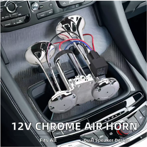 Essa buzina de carro de dois tubos tem um volume alto de 110DB.  É compatível com múltiplos modelos de veículos e possui acabamento cromado para prevenção de ferrugem e durabilidade.  Os acessórios são totalmente incluídos e fáceis de instalar.  A fiação é protegida por relés para garantir a segurança do circuito.  Quando ativado em condições de estrada complexas, ele alerta imediatamente, tornando a direção mais segura.