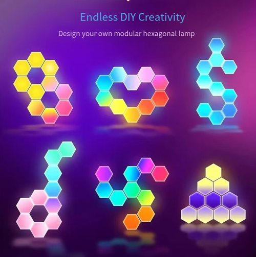 Esse conjunto de luzes quânticas RGB é uma maravilha que melhora a atmosfera: os blocos de luz hexagonais podem ser livremente personalizados em forma, e 160 milhões de cores podem ser ajustadas à vontade.  Ele oferece múltiplos métodos de controle, incluindo controle por voz e controle por aplicativo.  Pode ser instalado sem furar buracos sem danificar a parede.  É adequado para salas de jogos, quartos e salas de estar, e pode ser facilmente usado para criar um espaço cyber-chique.
