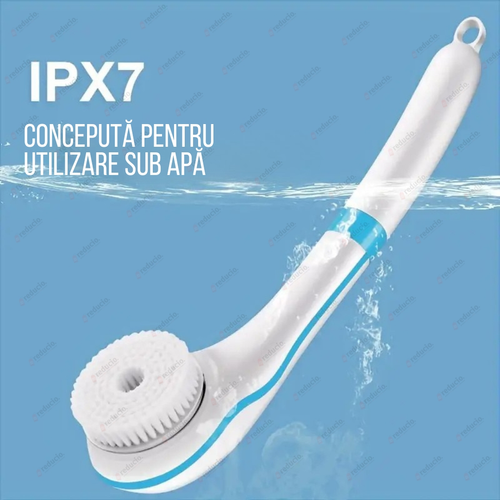 Escova de limpeza corporal giratória 360°, impermeável nível IPX7, 5 cabeças de escova substituíveis, limpa profundamente áreas de difícil acesso, como as costas, esfolia suavemente e alivia a tensão.  Alça longa e ergonômica, facilmente acessível em todo o corpo.  Apenas alguns minutos por dia, aproveite uma experiência de banho em nível SPA em casa, rejuvenescendo a pele lisa e delicada.