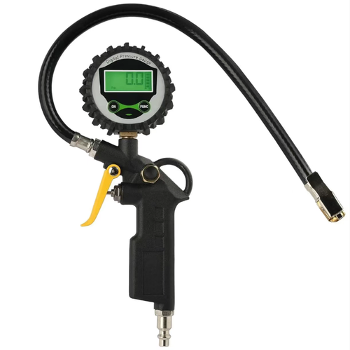 Manômetro digital de alta precisão, com ampla faixa de 0 a 200 PSI e precisão de 0,05 kg cm².  Ele pode ser alternado entre quatro unidades com um clique.  A tela LCD iluminada de fundo, a empunhadura antiderrapante em formato de arma e a mangueira à prova de explosão, junto com proteção de borracha para resistência a choques e durabilidade, fazem dele uma ferramenta profissional para reparos automotivos, direção off-road e medição de pressão de inflação externa.