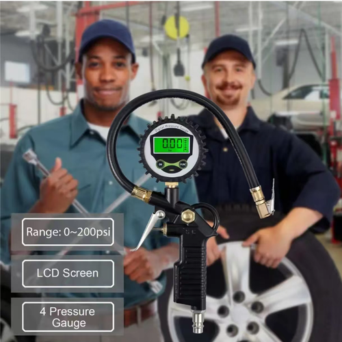 Manômetro digital de alta precisão, com ampla faixa de 0 a 200 PSI e precisão de 0,05 kg cm².  Ele pode ser alternado entre quatro unidades com um clique.  A tela LCD iluminada de fundo, a empunhadura antiderrapante em formato de arma e a mangueira à prova de explosão, junto com proteção de borracha para resistência a choques e durabilidade, fazem dele uma ferramenta profissional para reparos automotivos, direção off-road e medição de pressão de inflação externa.