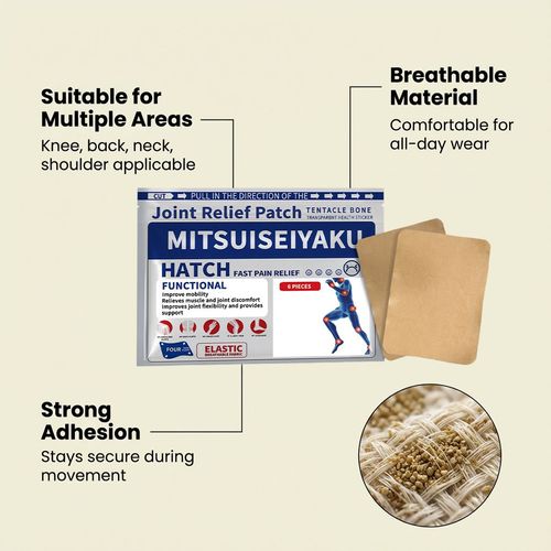 Faça o pedido hoje e você receberá 3 pacotes com um total de 18 adesivos de cuidado articular calmantes e não irritantes com extrato de ervas.  Esses adesivos são feitos com misturas naturais de ervas (gengibre, glucosamina e tocoferol) e podem se adequar aos contornos do seu corpo, especialmente aliviando dores musculares,  Eles ajudam a manter a facilidade de movimento, flexibilidade e conforto geral durante suas atividades diárias e estilo de vida ativo.