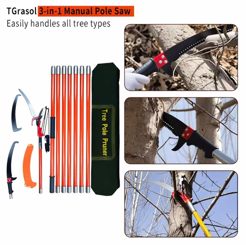 Conjunto de serras de poda em alta altitude, com 8 seções de hastes telescópicas isoladas que podem se estender até 8,23 metros.  Equipado com tesouras de poda revestidas de Teflon e lâminas de serra espessadas, o sistema de polia de economia de força facilita a operação.  A cabeça da lâmina pode ser trocada rapidamente.  É seguro e eficiente para podar galhos altos.  É portátil e conveniente para armazenamento.  É uma ferramenta profissional para jardinagem e poda de pomares.