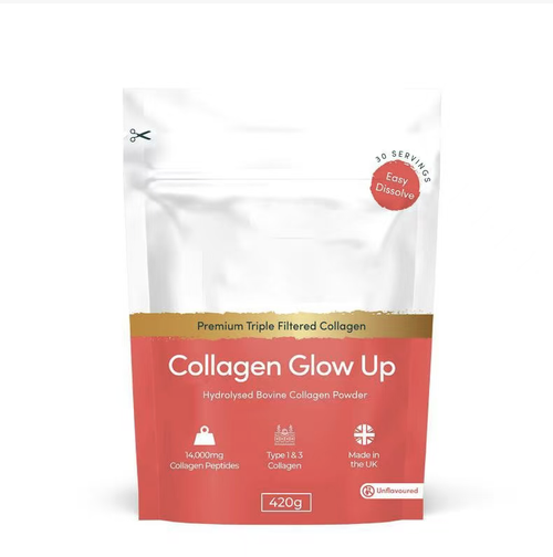 O Pó de Colágeno Hidrolyzed Cow Collagen Glow Up contém 14.000mg de peptídeos de colágeno altamente ativos por saco.  É purificado por filtração tripla e possui uma textura fina de pó, fácil de dissolver e sem odor.  A suplementação diária pode nutrir profundamente a pele, fortalecer cabelo e unhas, e também proteger a saúde das articulações.  Ele permite que você mantenha seu brilho juvenil enquanto aprecia comidas deliciosas e irradie energia de dentro para fora.