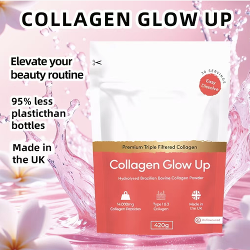 O Pó de Colágeno Hidrolyzed Cow Collagen Glow Up contém 14.000mg de peptídeos de colágeno altamente ativos por saco.  É purificado por filtração tripla e possui uma textura fina de pó, fácil de dissolver e sem odor.  A suplementação diária pode nutrir profundamente a pele, fortalecer cabelo e unhas, e também proteger a saúde das articulações.  Ele permite que você mantenha seu brilho juvenil enquanto aprecia comidas deliciosas e irradie energia de dentro para fora.