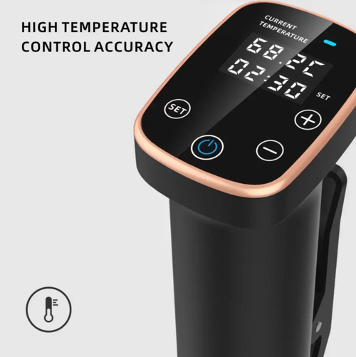 Vara de cozinha inteligente para baixa temperatura, com controle preciso de temperatura de ±0,3°C, alta potência de 1400W para aquecimento rápido e motor de circulação silencioso garantindo temperatura uniforme da água.  Impermeabilização nível IPX7, grande tela de LED para operação intuitiva, que facilmente trava os sucos dos ingredientes, permitindo criar pratos macios de nível Michelin em casa.  É uma ferramenta de cozinha para aprimorar as habilidades culinárias.
