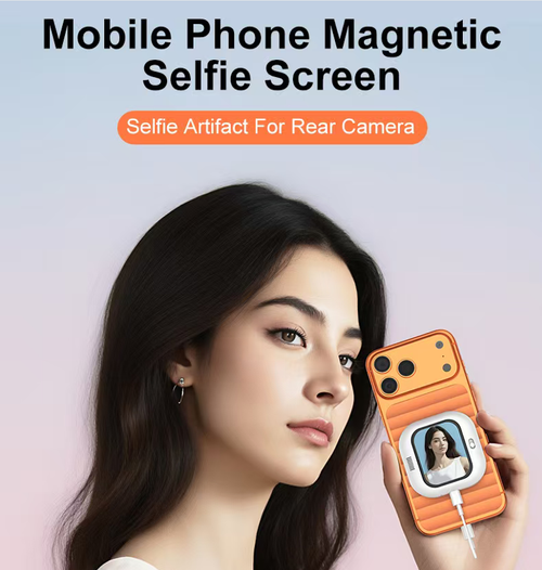 A tela magnética magnética para selfies do celular MagSafe é fácil de fixar e mantém o aparelho estável sem danificá-lo.  Ele conta com uma tela de alta definição de 2 polegadas que sincroniza a imagem da câmera traseira em tempo real,  Após desbloquear, oferece qualidade de câmera em alta definição, adequada para selfies, lives streaming, vlogs, etc.  É compacto, portátil, tem longa duração de bateria e é uma escolha prática para melhorar a taxa de sucesso das fotos.