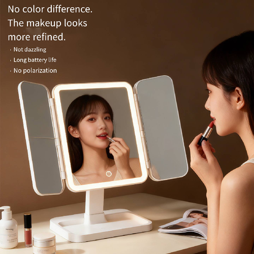 270° Fully Rotatable 4K Ultra-HD Trifold LED Lighted Makeup Mirror with 2X3X Magnification Panels, True-to-Color Dimmable Anti-Glare Vanity Mirror, Polarization-Free Cosmetic Mirror with Long-Lasting Rechargeable Battery, Non-Dazzling Eye-Caring Lighting, Adjustable Brightness, Perfect for Precise Makeup Application, Eyebrow Grooming, Skincare Analysis, At-Home Beauty Station Organization & Travel-Friendly Cosmetic Touch-Ups