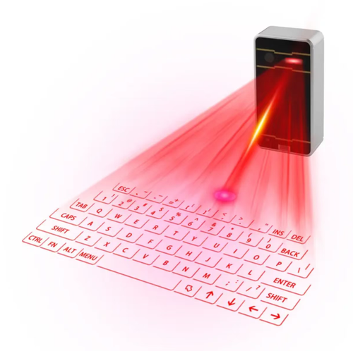 O teclado de projeção a laser pode projetar um teclado inteiro, permitindo entradas precisas ao integrar funções de teclado e mouse.  É compacto e portátil do tamanho da palma da mão, e vem com avisos de voz para evitar toques acidentais.  É compatível com Bluetooth 5.0 e pode ser usado com múltiplos dispositivos, atendendo às necessidades do trabalho móvel de escritório, como viagens de trabalho e deslocamentos.  É uma escolha prática para aumentar a eficiência da entrada.