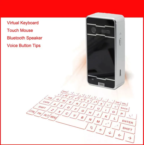 O teclado de projeção a laser pode projetar um teclado inteiro, permitindo entradas precisas ao integrar funções de teclado e mouse.  É compacto e portátil do tamanho da palma da mão, e vem com avisos de voz para evitar toques acidentais.  É compatível com Bluetooth 5.0 e pode ser usado com múltiplos dispositivos, atendendo às necessidades do trabalho móvel de escritório, como viagens de trabalho e deslocamentos.  É uma escolha prática para aumentar a eficiência da entrada.