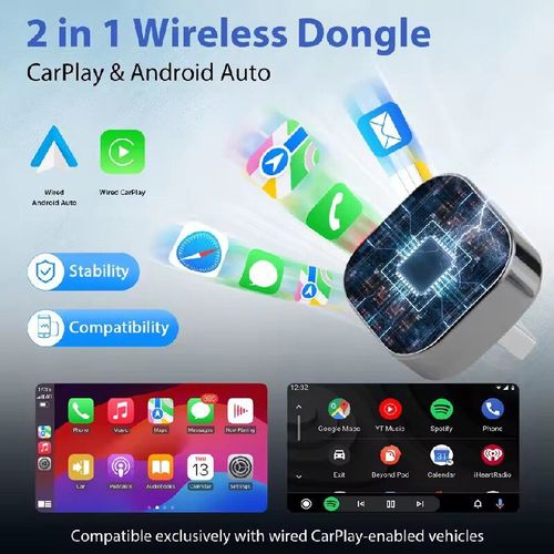 Elimine a Confusão de Cabos Para Sempre: Dongle Wireless Premium 2-em-1 CarPlay Android Auto – Adaptador Mini Compacto Plug-and-Play com dissipação rápida de calor, conexão ultraestável, 98% de compatibilidade com veículos e suporte ODM OEM multilíngue – Transforme seu sistema CarPlay com fio em uma experiência sem fio, desfrute de navegação ininterrupta, música cristalina, chamadas sem mãos e acesso a aplicativos inteligentes enquanto dirige, tudo isso sem o incômodo de fios emaranhados