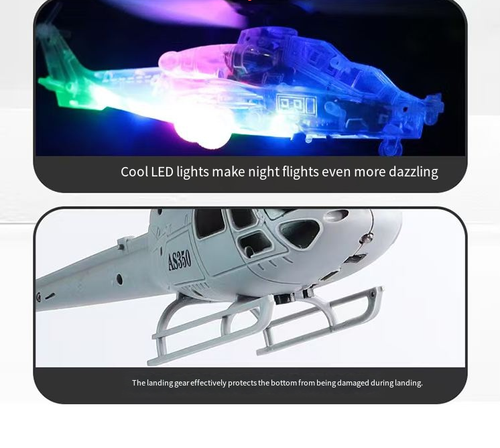 Não há necessidade de controle remoto complexo. você pode controlar a elevação e a direção.  A estrutura de rotor duplo garante voo estável.  O design militar realista combinado com luzes legais torna o jogo durável e divertido de usar.  O carregamento por USB é prático e sem complicações.  Não é apenas um brinquedo que traz às crianças a alegria de aprender a voar, mas também um excelente alívio de estresse para adultos.  Você pode decolar a qualquer hora e em qualquer lugar.