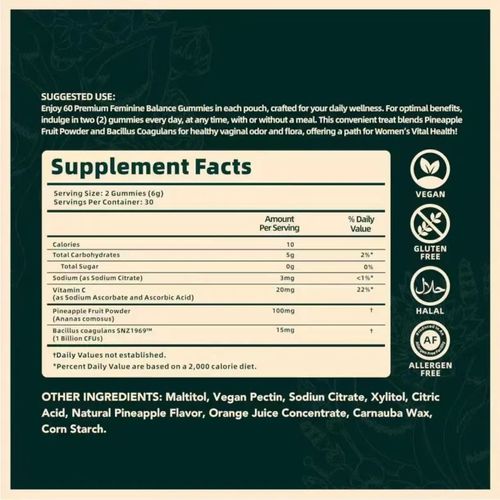 Faça o pedido hoje e você receberá 3 pacotes de probióticos Mastigáveis para a Regulação Microbiana Corporal Feminina e Melhoria da Satisfação Sexual.  Esses contêm 1 bilhão de Lactobacillus acidophilus e pó natural de fruta de abacaxi.  Este produto é sem açúcar e recebeu quatro certificações.  Tome dois comprimidos por dia.  Tem um sabor agridoce e pode manter suavemente o equilíbrio microbiano na área íntima, integrando-se facilmente ao seu dia a dia.