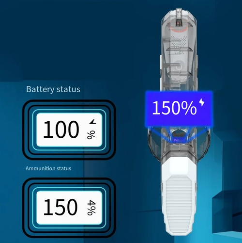 A tela digital em alta definição mostra informações em tempo real sobre os níveis de bateria e água, O spray elétrico contínuo pode projetar jatos de água de alta pressão com grande alcance e grande facilidade, e absorve automaticamente a água em 10 segundos para reabastecer rapidamente.  O USB pode carregar rapidamente a bateria por 30 minutos, ideal tanto para interações entre pais e filhos quanto para batalhas entre amigos, desbloqueando a experiência fresca e alegre no verão.