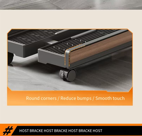 25-32cm ajustáveis para acomodar capas de computador de vários tamanhos.  O design da grade perfurada acelera a dissipação de calor.  As rodas giravelinhas de 360° são equipadas com freio por botão, garantindo movimento estável sem arranhar o piso.  O fundo preto com aparência de madeira é simples e elegante, adequado tanto para jogos quanto para cenários domésticos.  É uma escolha prática para hospedagem e armazenamento de equipamentos de computador.