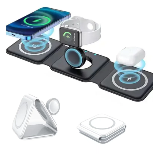 Carregamento rápido de alta eficiência de 15W, capaz de alimentar celulares, relógios e fones de ouvido simultaneamente.  Quando desdobrado, ele se torna uma base de carregamento plana, quando dobrado, se transforma em um suporte para celular ou em um tamanho compacto adequado para segurar na palma da mão.  Diga adeus aos cabos bagunçados, compatível com múltiplos dispositivos, tornando-o uma escolha prática para armazenamento em desktop e reduzindo a carga durante a viagem.