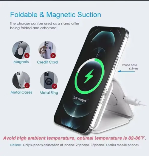 Carregamento rápido de alta eficiência de 15W, capaz de alimentar celulares, relógios e fones de ouvido simultaneamente.  Quando desdobrado, ele se torna uma base de carregamento plana, quando dobrado, se transforma em um suporte para celular ou em um tamanho compacto adequado para segurar na palma da mão.  Diga adeus aos cabos bagunçados, compatível com múltiplos dispositivos, tornando-o uma escolha prática para armazenamento em desktop e reduzindo a carga durante a viagem.