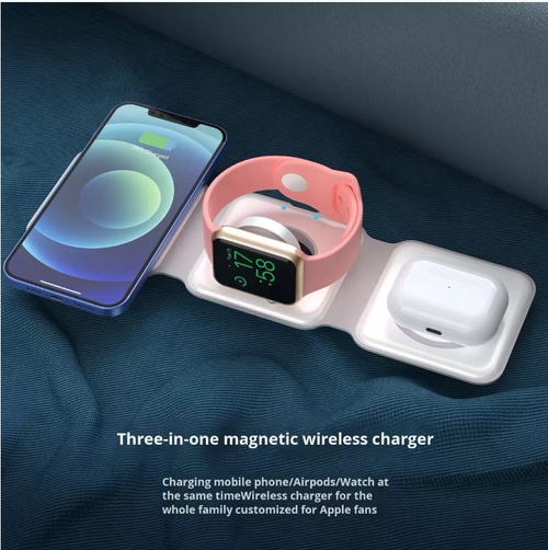 Carregamento rápido de alta eficiência de 15W, capaz de alimentar celulares, relógios e fones de ouvido simultaneamente.  Quando desdobrado, ele se torna uma base de carregamento plana, quando dobrado, se transforma em um suporte para celular ou em um tamanho compacto adequado para segurar na palma da mão.  Diga adeus aos cabos bagunçados, compatível com múltiplos dispositivos, tornando-o uma escolha prática para armazenamento em desktop e reduzindo a carga durante a viagem.