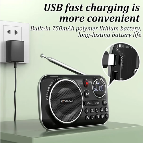 Retrô e compacto, com botões grandes e design digital de seleção de canais, é fácil de operar para os mais velhos.  Ele suporta rádio FM, conexão Bluetooth, reprodução de disco TF Card U e gravação em modo completo.  O alto-falante de 3W tem qualidade de som clara e longa duração da bateria.  É uma escolha prática para os idosos ouvirem música e para os jovens aproveitarem a música ao ar livre.  Coloque-o na mochila e deixe o som agradável estar sempre com você.