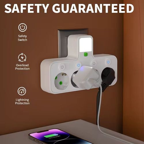 Após fazer o pedido, você receberá 2 soquetes inteligentes de segurança para carregamento e dispositivos práticos, com 4 tomadas de controle independente para AC, 2 interfaces de carregamento rápido USB-A e 1 interface de carregamento Tipo-C.  além de suportar durabilidade plug-and-unplug-off de 5000 graus.  É adequado para vários cenários como viagens, uso doméstico e escritório, e pode alimentar 7 dispositivos simultaneamente – realmente uma potência de carregamento.