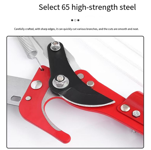 Serra e aparador integrados, com lâmina de aço de alto carbono de grau 65, afiada e durável.  O sistema de transmissão de quatro polias reduz o esforço em 3 vezes, permitindo que até idosos e mulheres operem facilmente.  O cabo longo extensível elimina a necessidade de subir uma escada, permitindo a poda segura de galhos altos.  É um companheiro conveniente para a manutenção de árvores frutíferas do jardim e árvores paisagísticas.