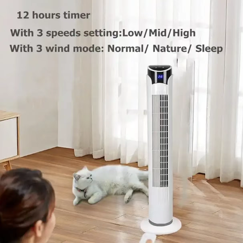 Este ventilador de torre sem pás foi projetado pensando na aerodinâmica, imitando a brisa suave da natureza.  Não sopra diretamente, tornando-o mais confortável.  O duto de ar preciso em forma de vórtice garante uma operação silenciosa e não perturba o sono.  Ele suporta giro, múltiplas configurações de velocidade e funções de temporizador.  Em pé, é fino e compacto, não ocupando muito espaço.  É uma opção ideal de refrigeração para o quarto.