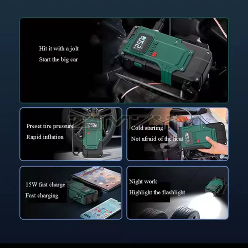 Esta unidade integrada de alimentação de emergência combina partida de emergência automotiva, medição inteligente de pressão de inflação e três níveis de iluminação de emergência.  Ele possui dez camadas de proteção de segurança e é compatível com vários veículos 12V.  Sua carcaça de grau militar é resistente e resistente a choques, tornando-a portátil e fácil de transportar.  É um complemento de emergência completo para viagens fora de estrada.