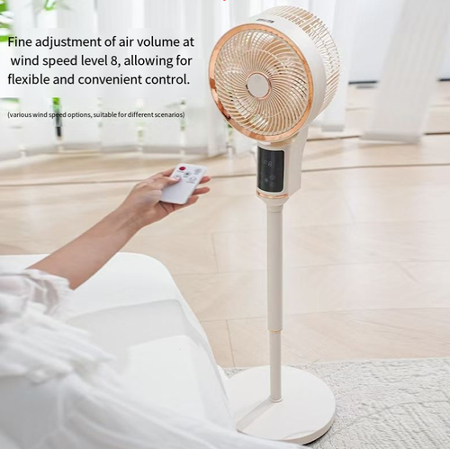 Este ventilador de circulação inteligente de ar-condicionado de 360° pode girar em todas as direções,com um alcance ultra-longo de entrega de ar de 10 metros.Ele pode rapidamente garantir a circulação de ar por toda a casa.O motor silencioso funciona silenciosamente com baixo ruído.Ele suporta controle por toque e controle remoto,e possui três configurações de altura ajustáveis.  Também tem funções de fragrância e repelente de mosquitos.É um item fresco e maravilhoso para uso doméstico no verão.