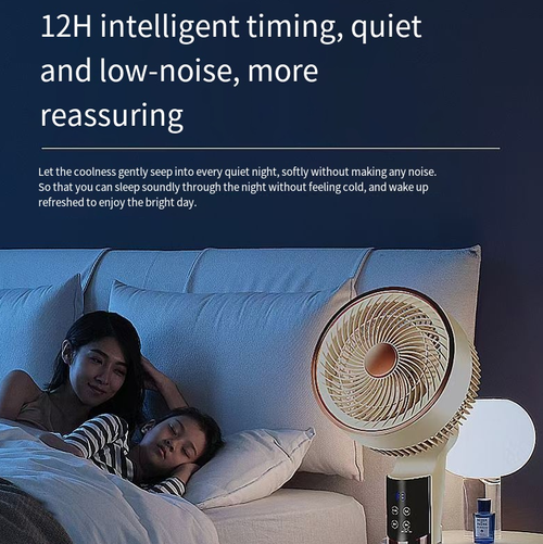 Este ventilador de circulação inteligente de ar-condicionado de 360° pode girar em todas as direções,com um alcance ultra-longo de entrega de ar de 10 metros.Ele pode rapidamente garantir a circulação de ar por toda a casa.O motor silencioso funciona silenciosamente com baixo ruído.Ele suporta controle por toque e controle remoto,e possui três configurações de altura ajustáveis.  Também tem funções de fragrância e repelente de mosquitos.É um item fresco e maravilhoso para uso doméstico no verão.