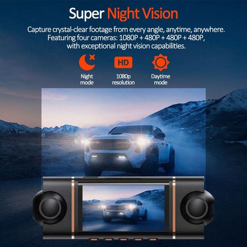 Este Dispositivo de Gravação de Veículos de quatro lentes suporta fotografia em alta definição 1080P e cobertura panorâmica de 360°.  Ele é equipado com visão noturna infravermelha e tecnologia WDR (Wide Dynamic Range), garantindo imagens nítidas tanto durante o dia quanto à noite.Ele suporta conectividade para celulares, com uma tela grande de 3 polegadas para prévia em tempo real, gravação em loop e funções de travamento de emergência, oferecendo proteção confiável para a segurança ao dirigir.