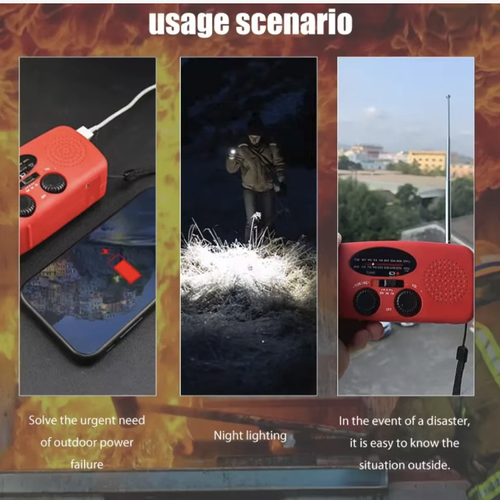 Este rádio multifuncional de emergência suporta três fontes de energia: energia solar, manivela manual e USB.  Está equipado com uma bateria de 2000mAh.  Ela cobre as faixas completas de frequência AM, FM e NOAA e vem com uma lanterna de modo duplo de alta luminosidade que pode carregar seu celular.  É portátil e durável, oferecendo proteção confiável tanto para emergências externas quanto domésticas.  Isso garante a segurança sua e da sua família.