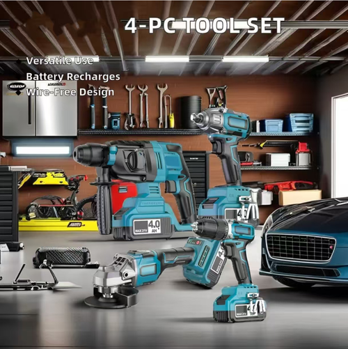 Este kit de ferramentas de bateria de lítio de grau industrial integra uma chave de fenda, uma chave elétrica, uma furadeira manual e uma esmerilhadeira angular em uma única unidade.  Ela cobre todos os cenários, como perfuração, desmontagem, corte e lixamento.  conta com um motor sem escovas e um corpo de alta resistência, que é durável e robusto.  A ferramenta é armazenada em uma caixa portátil, tornando-a uma escolha completa para trabalhos profissionais e projetos DIY.
