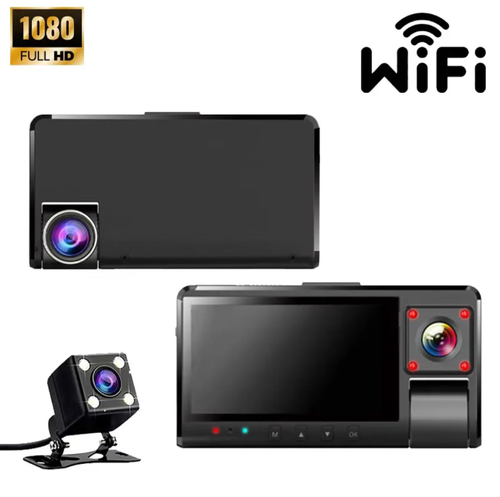 Essa dashcam de três canais suporta gravação simultânea com câmeras frontal, interna e traseira.  Com qualidade de vídeo em alta definição 1080P, abertura grande F1.8 e visão noturna infravermelha, garante imagens nítidas tanto de dia quanto de noite.  Ele vem com conectividade WiFi integrada, permitindo visualizar e baixar gravações em tempo real pelo APP.  Também bloqueia inteligentemente os vídeos de emergência.  Esta é uma escolha confiável para proteção abrangente da segurança ao volante.
