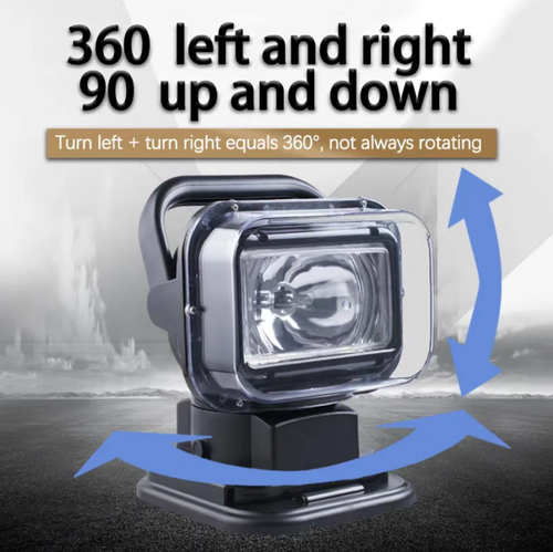 Este holofote LED controlado remotamente montado no veículo é compatível com vários modelos de veículos. ele pode alcançar uma rotação horizontal de 360° e possui uma lâmpada LED de alta intensidade que pode focar a luz intensamente.  Tem um longo alcance e é à prova d'água e à prova de poeira nível IP65.  A base magnética forte torna a instalação conveniente.  É uma ferramenta prática e luminosa para off-road noturno, trabalhos ao ar livre e situações de emergência veicular.