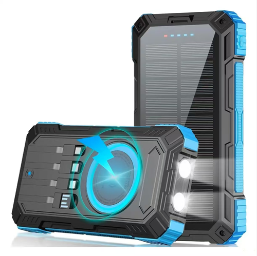 Este banco de energia solar de 20000mAh é equipado com um painel solar para autorecarga.  Ele suporta carregamento rápido sem fio de 15W e carregamento rápido com fio PD de 22,5W.  Ele vem com 4 cabos de carregamento e não precisa levar extras.  Também possui luz LED forte dupla para iluminação.  É feito de proteção tripla de grau militar e é durável e resistente.  É um excelente auxiliar para fornecimento de energia e emergências durante acampamentos e viagens ao ar livre.