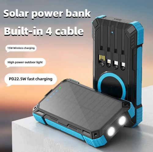 Este banco de energia solar de 20000mAh é equipado com um painel solar para autorecarga.  Ele suporta carregamento rápido sem fio de 15W e carregamento rápido com fio PD de 22,5W.  Ele vem com 4 cabos de carregamento e não precisa levar extras.  Também possui luz LED forte dupla para iluminação.  É feito de proteção tripla de grau militar e é durável e resistente.  É um excelente auxiliar para fornecimento de energia e emergências durante acampamentos e viagens ao ar livre.