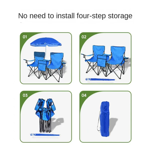 Esta cadeira dobrável para duas pessoas com guarda-chuva apresenta um design de assento duplo conectado, tornando-a adequada para acampamento, piqueniques e relaxamento na praia.  Pode ser compartilhado com amigos para aproveitar um tempo agradável juntos.  Ele vem com um guarda-chuva ajustável, conveniente para guardar alimentos e itens pequenos.  Ele pode ser dobrado sem instalação e é portátil e fácil de transportar, tornando-se uma escolha confortável para viagens ao ar livre.