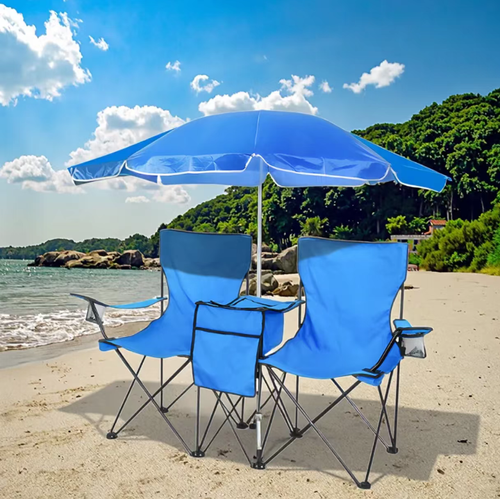 Esta cadeira dobrável para duas pessoas com guarda-chuva apresenta um design de assento duplo conectado, tornando-a adequada para acampamento, piqueniques e relaxamento na praia.  Pode ser compartilhado com amigos para aproveitar um tempo agradável juntos.  Ele vem com um guarda-chuva ajustável, conveniente para guardar alimentos e itens pequenos.  Ele pode ser dobrado sem instalação e é portátil e fácil de transportar, tornando-se uma escolha confortável para viagens ao ar livre.