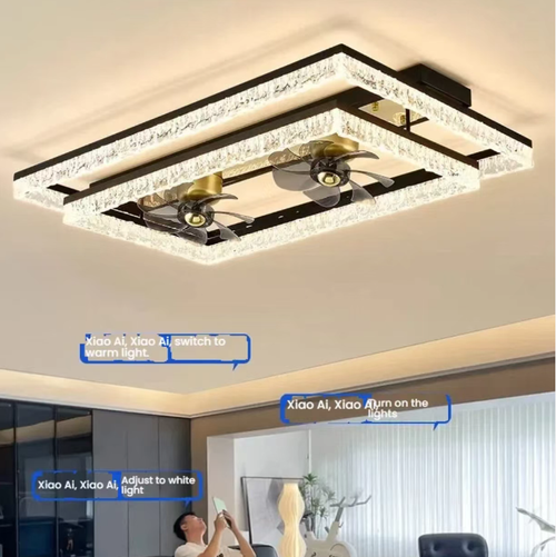 Este luxuoso abajur inteligente de teto ao estilo italiano apresenta um design de cristal com padrão de gelo em duas camadas, integrando funções de iluminação e resfriamento.  Ele suporta controle por voz offline, controle de APP e controle remoto.  Ele é equipado com LED de espectro completo e amigável aos olhos, dois ventiladores silenciosos e é adequado para um grande espaço de 20 a 35 metros quadrados.  É uma excelente escolha para salas de estar e áreas de jantar.