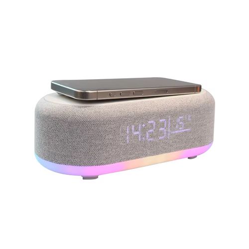 Este alto-falante de clock de quatro lados integra carregamento rápido sem fio de 15W, display de temperatura de clock, luzes de ambiente RGB e alto-falante Bluetooth.  Isso mantém a área de trabalho organizada sem ocupar espaço.  A aparência do tecido é simples e versátil.  Ele carrega eficientemente, mostra claramente o tempo e a temperatura, e as luzes podem mudar conforme a cena.  É um item prático e esteticamente agradável para quartos e mesas de escritório.