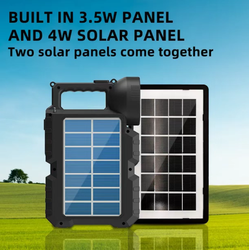 Este sistema de iluminação de emergência alimentado por energia solar é equipado com dois painéis solares de alta eficiência para geração eficiente de energia e uma bateria de 6000mAh para armazenamento de energia de longa duração.  Ele integra iluminação forte de 10W, conexão externa de lâmpada, áudio Bluetooth e rádio FM, além de suportar carregamento do dispositivo.  É portátil e durável, tornando-se um companheiro completo para acampamento, dança quadrada e resgate de emergência.