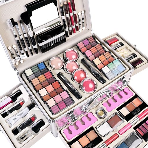Este conjunto de maquiagem tudo-em-um cobre uma ampla variedade de produtos, incluindo sombra, blush, batom e pincéis de maquiagem.  Ele vem com combinação profissional de cores e até iniciantes podem facilmente criar vários looks de maquiagem.  A caixa de alumínio leve e luxuosa é conveniente para armazenamento e transporte.  A fórmula suave é adequada para vários tipos de pele, tornando-a uma escolha ideal para iniciantes, maquiagem profissional e como presente para ocasiões especiais.