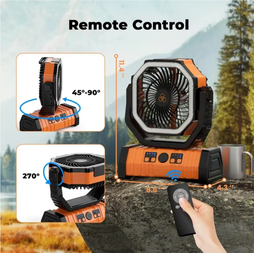 Este ventilador de carregamento giratorial para camping ao ar livre suporta giro de 270° em ângulo grande e múltiplas configurações de velocidade.  O ventilador e a luz estão integrados e vêm com iluminação LED.  Ele está equipado com controle remoto para operação temporizada e possui uma bateria de lítio embutida para carregamento de emergência.  O design do gancho portátil é adequado para diversos cenários.  É um item tranquilo e refrescante, bom para acampar ou se refrescar na recepção.