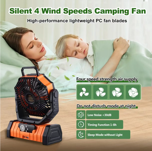 Este ventilador de carregamento giratorial para camping ao ar livre suporta giro de 270° em ângulo grande e múltiplas configurações de velocidade.  O ventilador e a luz estão integrados e vêm com iluminação LED.  Ele está equipado com controle remoto para operação temporizada e possui uma bateria de lítio embutida para carregamento de emergência.  O design do gancho portátil é adequado para diversos cenários.  É um item tranquilo e refrescante, bom para acampar ou se refrescar na recepção.