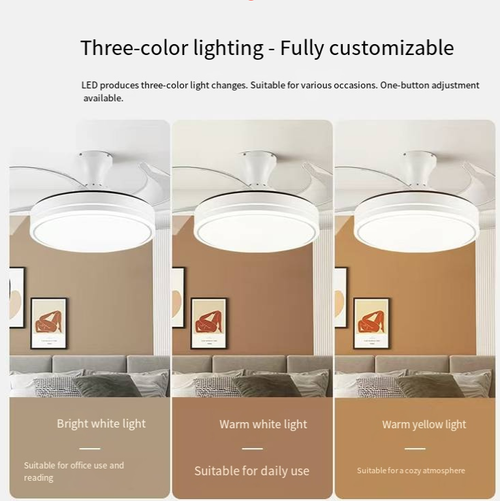 Este novo modelo 2026 de lâmpada inversora com ventilador integra a lâmpada e o ventilador em um único design.  Ele suporta rotação de 6 marchas para frente e para trás e iluminação em três cores.  Com uma operação ultra-silenciosa de 30dB, está equipado com controle remoto APP e funções de temporizador.  As pás simples e invisíveis são adequadas para vários estilos e são uma escolha ideal para conforto em salas de estar, salas de jantar e quartos durante as quatro estações.