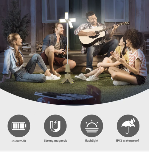Esta lâmpada magnética multifuncional para camping é equipada com uma bateria de grande capacidade de 14000mAh,suportando um uso contínuo extremamente longo de 9 a 25 horas e recarga reversa.  O painel dobrável de lâmpada de três lados suporta três modos de iluminação diferentes.  Combinado com tripé ajustável em altura e design magnético, é um companheiro de iluminação completo para acampamentos e emergências.  Ele torna cada noite clara e quente, oferecendo proteção para viagens e emergências.