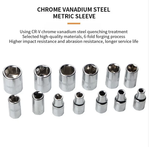 Este kit multifuncional de reparo em aço cromo-vanádio de 53 peças é feito de aço cromo-vanádio de alta dureza e equipado com uma chave de catraca rápida de 72 dentes.  Inclui todas as especificações de acessórios, como soquetes, brocas e extensões, adequados para reparos domésticos e manutenção de carros.  A caixa de ferramentas portátil é organizada de forma cuidadosa e é uma escolha prática tanto para uso doméstico quanto para conserto de carros.