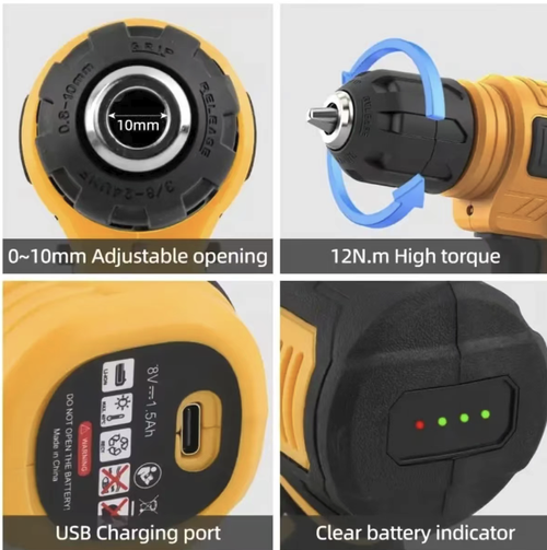 Este conjunto multifuncional de 110 peças para rádio é equipado com um motor de 8V que entrega torque de 12N・m.  Ele possui um mandril ajustável variando de 0 a 10mm, adequado para furar diversos materiais.  O conjunto inclui todas as brocas, chaves de fenda e soquetes padrão.  Ele suporta carregamento rápido Tipo-C e display de nível de bateria.  O design compacto e portátil faz dela uma escolha abrangente para reparos residenciais e projetos DIY.