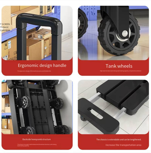 Este carrinho portátil é especialmente projetado para transporte diário.  Possui excelente capacidade de suporte, é silencioso e durável, e se move suavemente sem incomodar os vizinhos.  Com seu design silencioso, portátil e dobrável, é adequado para compras em supermercados, retirada por mensageiro e viagens ao ar livre.  Ele pode ser usado para múltiplos propósitos, tornando o processo de transporte fácil e sem preocupações.  Isso torna o transporte de coisas fácil e menos cansativo.